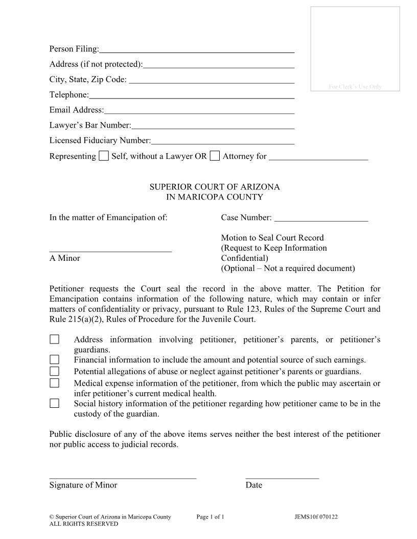 Motion To Seal Court Record {JEMS10f} | Pdf Fpdf Doc Docx | Arizona