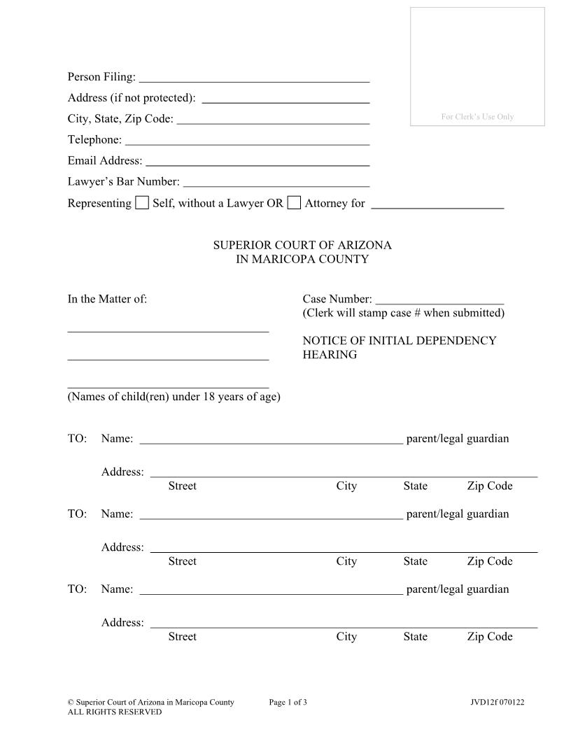 Notice Of Initial Dependency Hearing {JVD12f} | Pdf Fpdf Doc Docx | Arizona