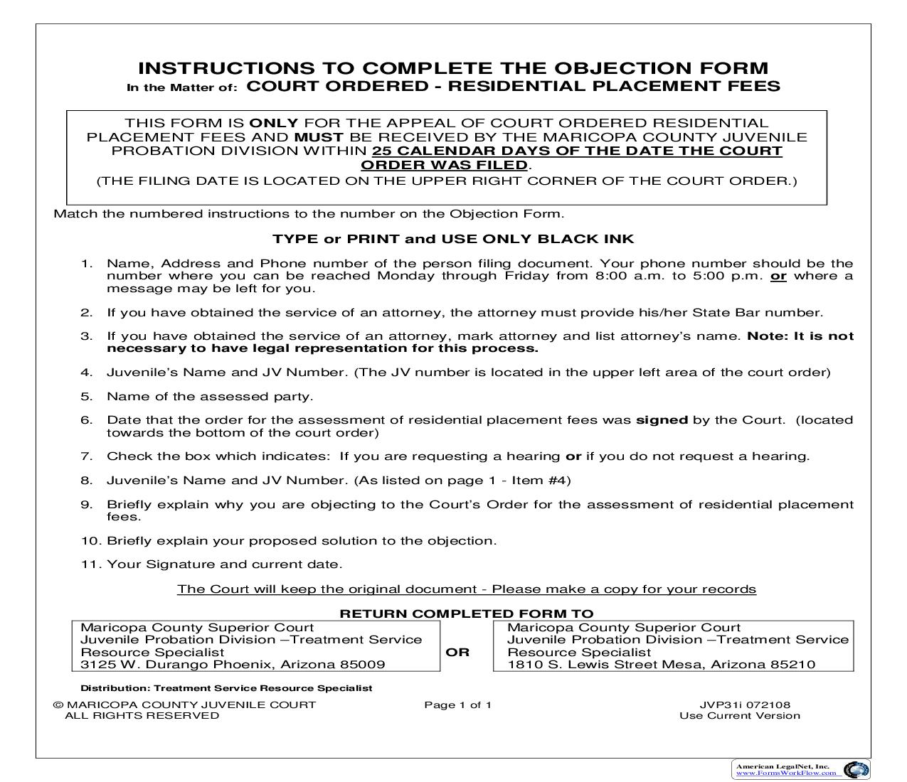 Objection Form {JVP31f} | Pdf Fpdf Doc Docx | Arizona