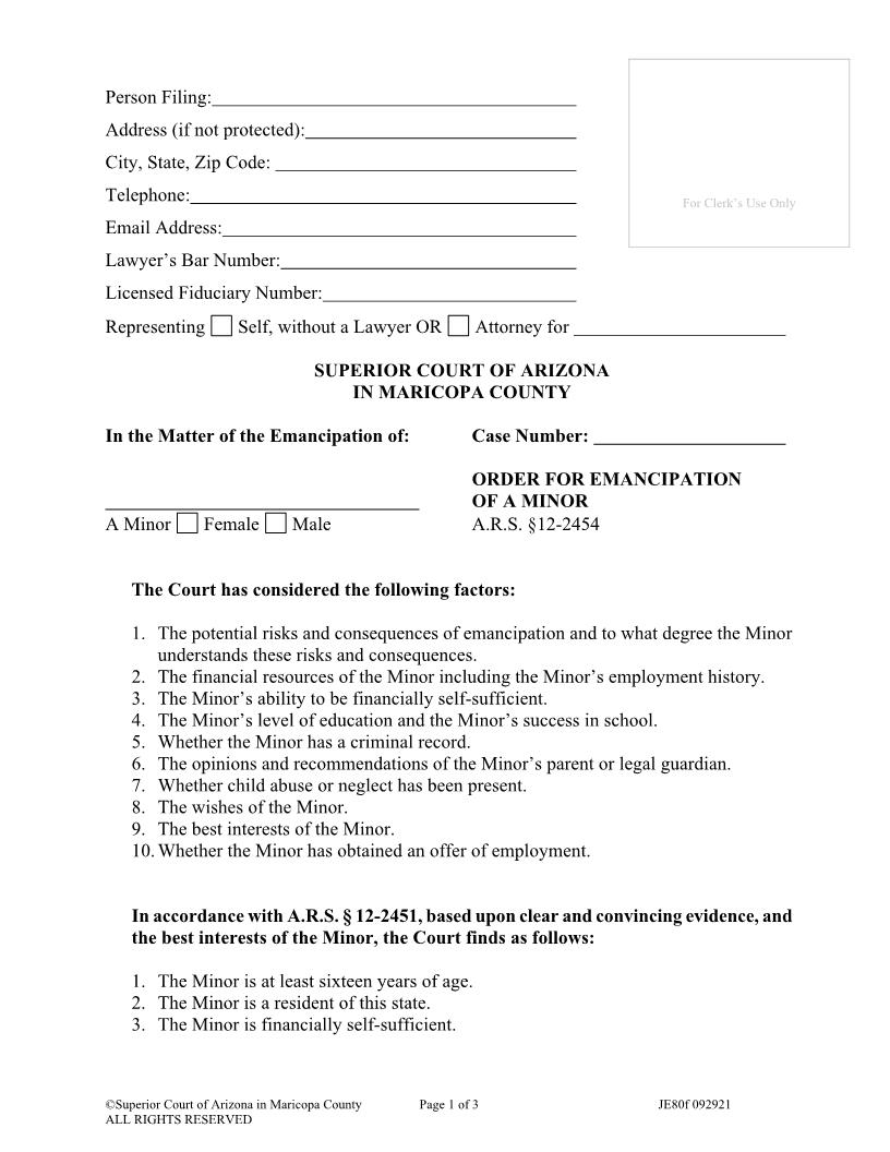 Order For Emancipation Of A Minor {JE80f} | Pdf Fpdf Doc Docx | Arizona