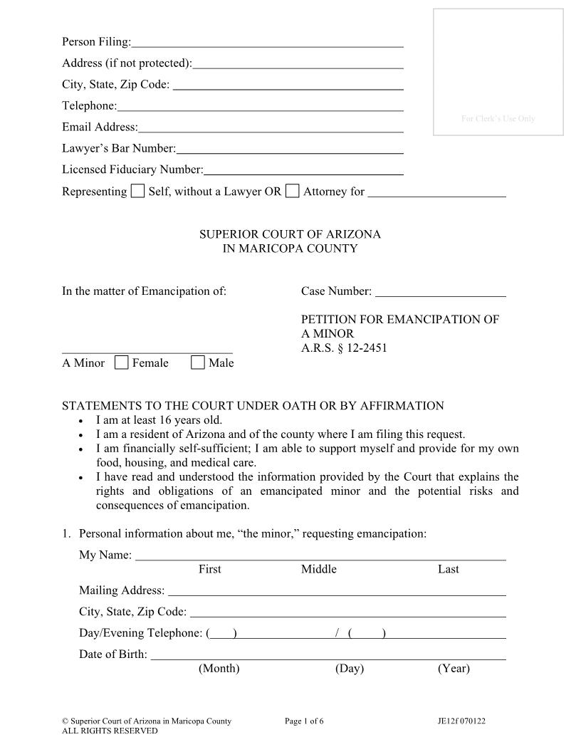 Petition For Emancipation Of A Minor {JE12f} | Pdf Fpdf Doc Docx | Arizona