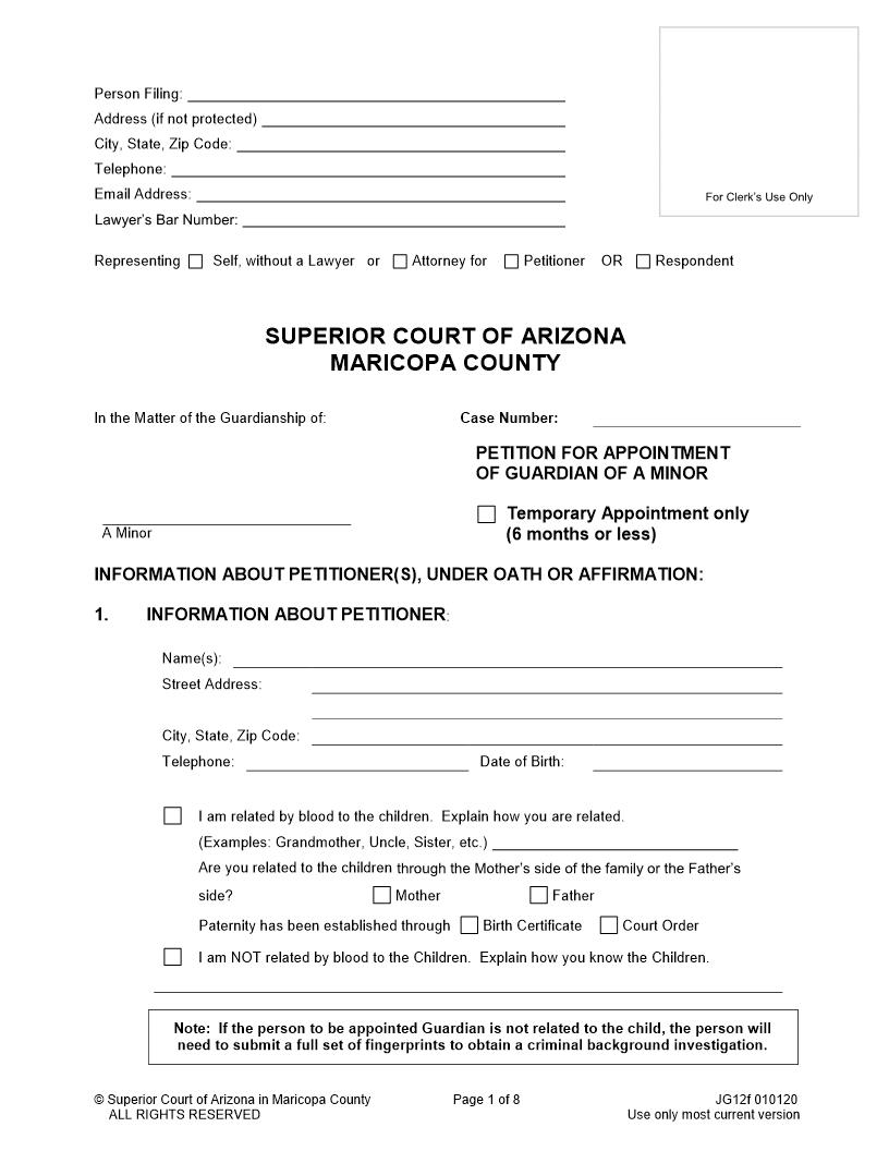 Petition For Permanent Appointment Of Guardian Of Minor {JG12f} | Pdf Fpdf Doc Docx | Arizona