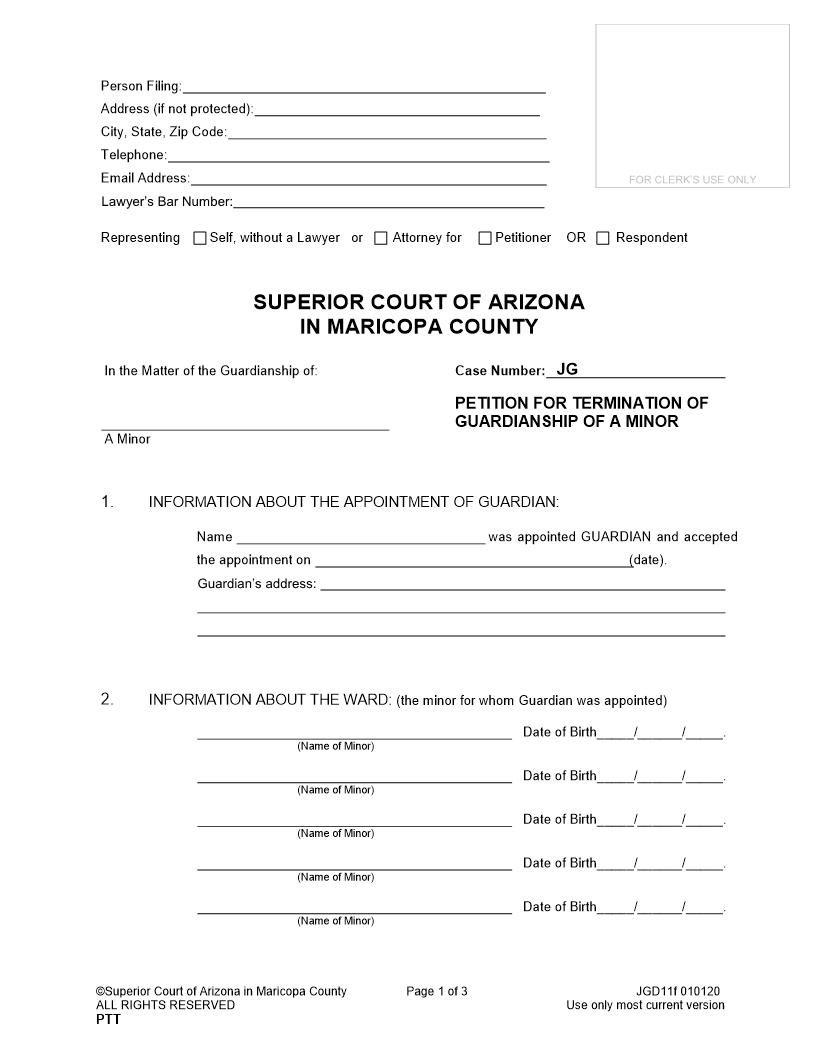 Petition For Termination Of Guardianship Of Minor {JGD11f} | Pdf Fpdf Doc Docx | Arizona