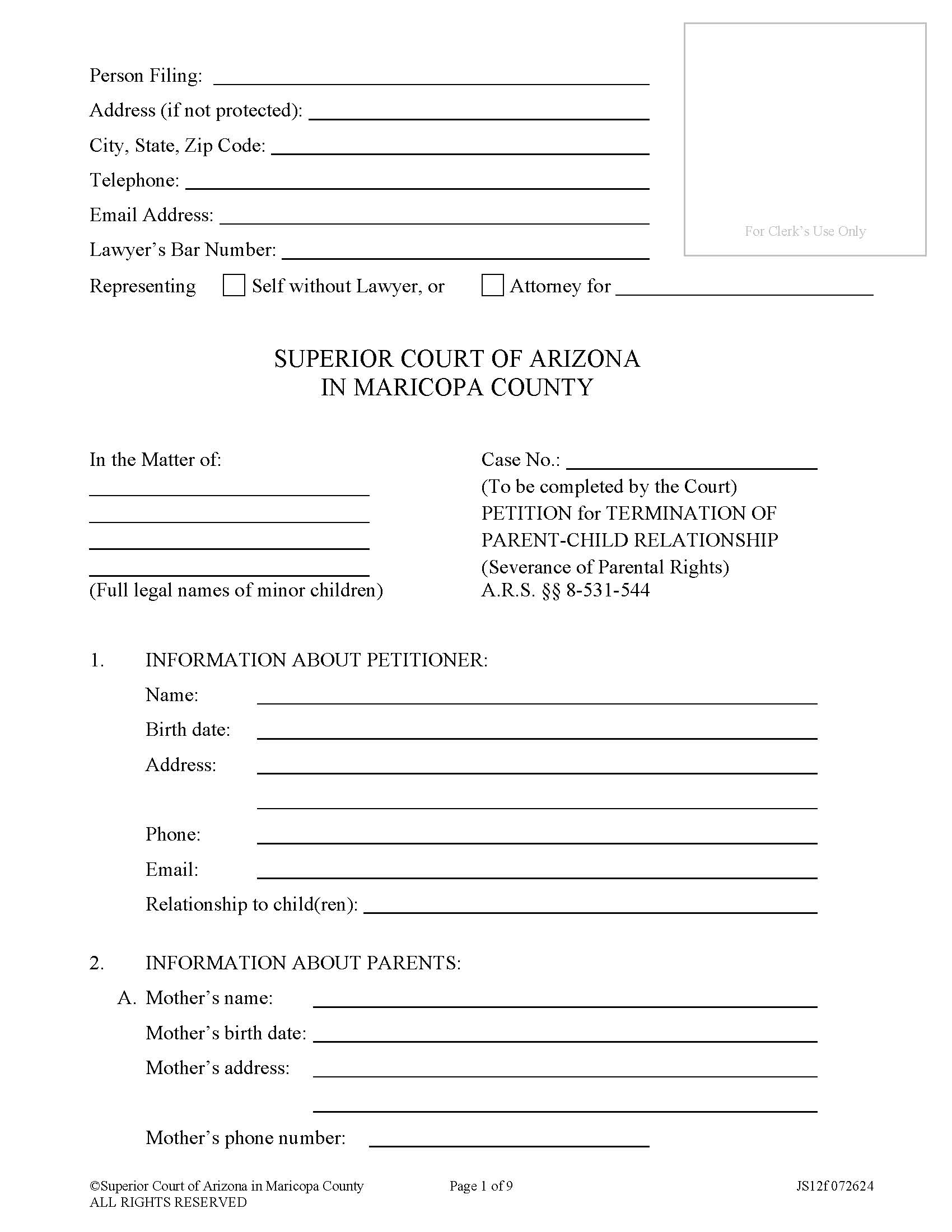 Petition For Termination Of Parent Child Relationship {JS12f} | Pdf Fpdf Doc Docx | Arizona