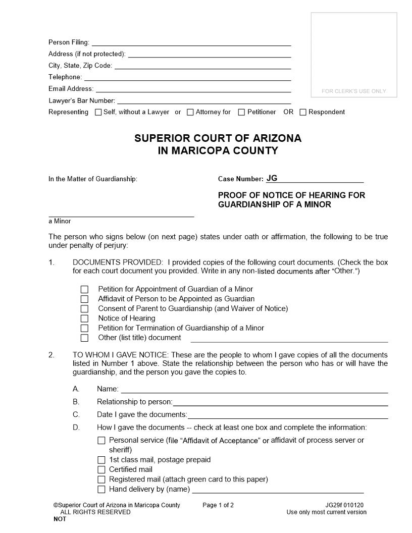 Proof Of Notice Of Hearing For Permanent Guardianship Of Minor {JG29f} | Pdf Fpdf Doc Docx | Arizona