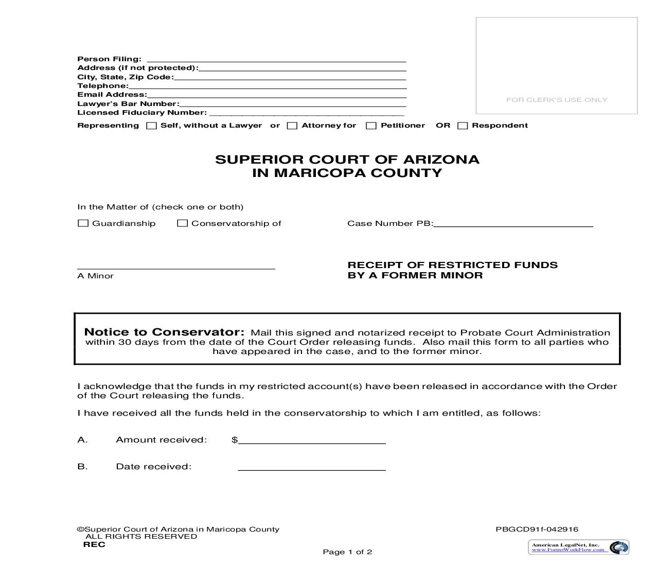 Receipt Of Restricted Funds By A Former Minor {PBGCD91f} | Pdf Fpdf Doc Docx | Arizona