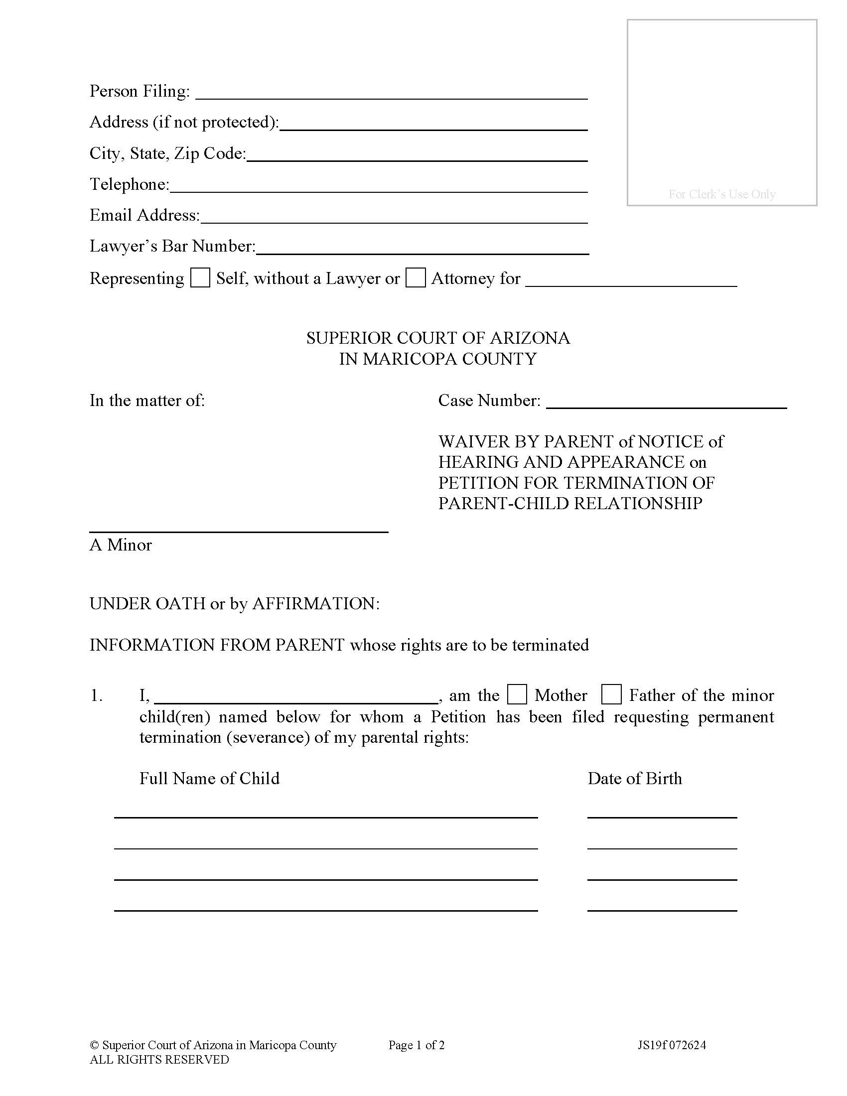 Waiver By Parent Of Notice Of Hearing And Appearance On Petition For {JS19f} | Pdf Fpdf Doc Docx | Arizona