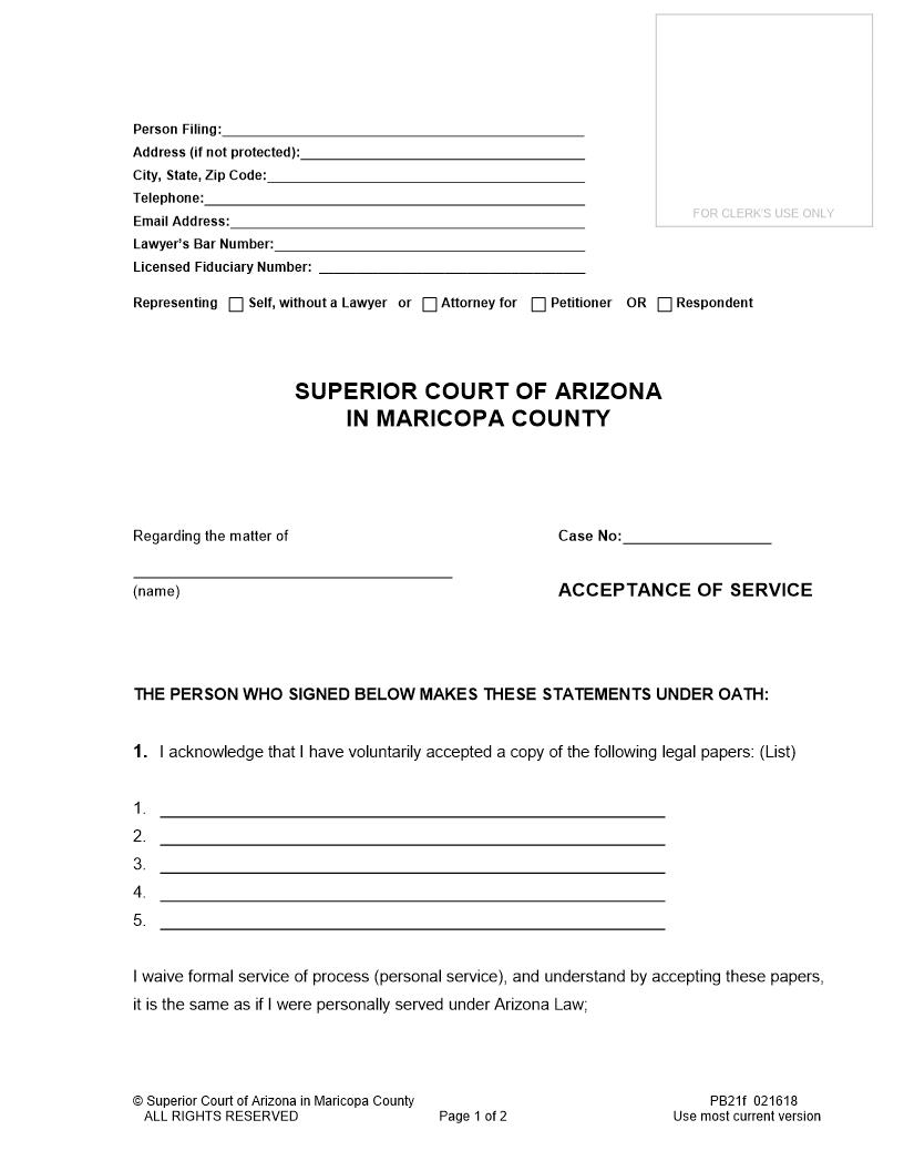 Acceptance Of Service {PB21f} | Pdf Fpdf Doc Docx | Arizona