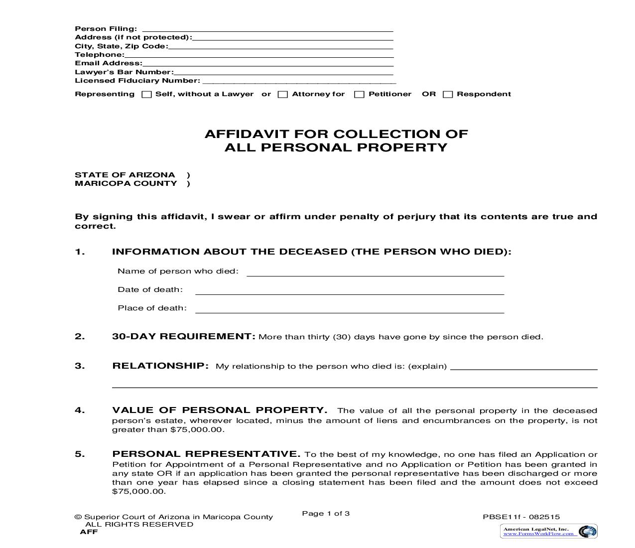 Affidavit For Collection Of All Personal Property {PBSE11f} | Pdf Fpdf Doc Docx | Arizona