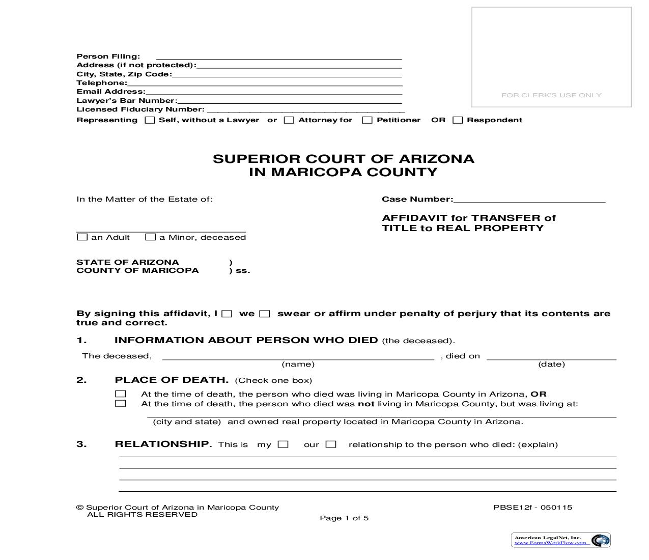 Affidavit For Transfer Of Title To Real Property {PBSE12f} | Pdf Fpdf Doc Docx | Arizona