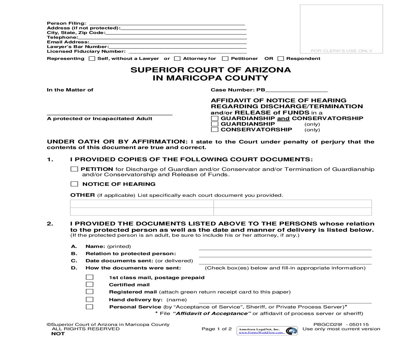 Affidavit Of Notice Of Hearing Regarding Discharge Or Termination And Or Release  Of Funds In A {PBGCD29f} | Pdf Fpdf Doc Docx | Arizona