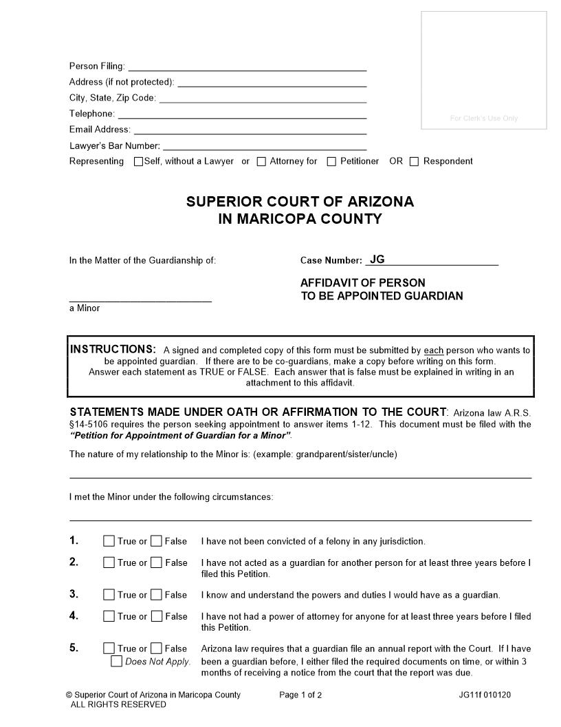 Affidavit Of Person To Be Appointed Guardian {JG11f} | Pdf Fpdf Doc Docx | Arizona