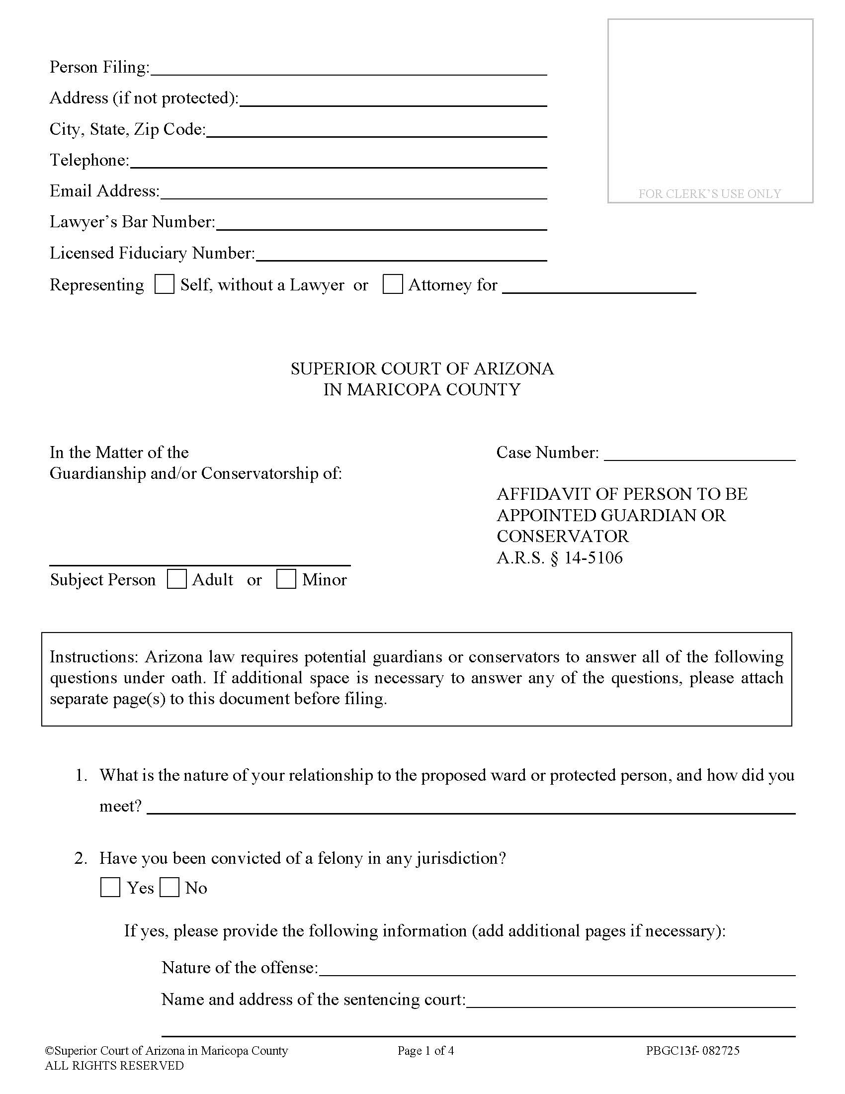 Affidavit Of Person To Be Appointed Guardian Or Conservator {PBGC13f} | Pdf Fpdf Doc Docx | Arizona