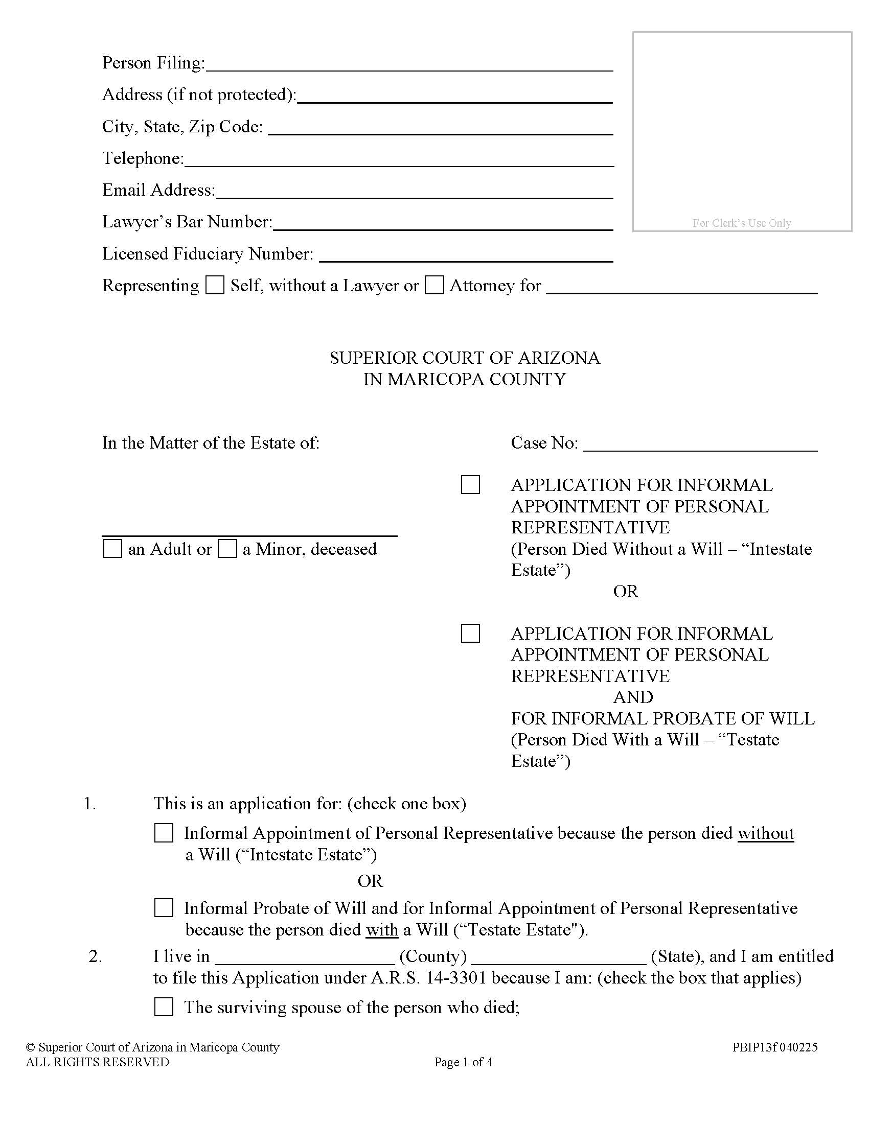 Application For Informal Appointment Of Personal Representative (Intestate) Or Application For Informal Probate Of Will (Testate) {PBIP13f} | Pdf Fpdf Doc Docx | Arizona