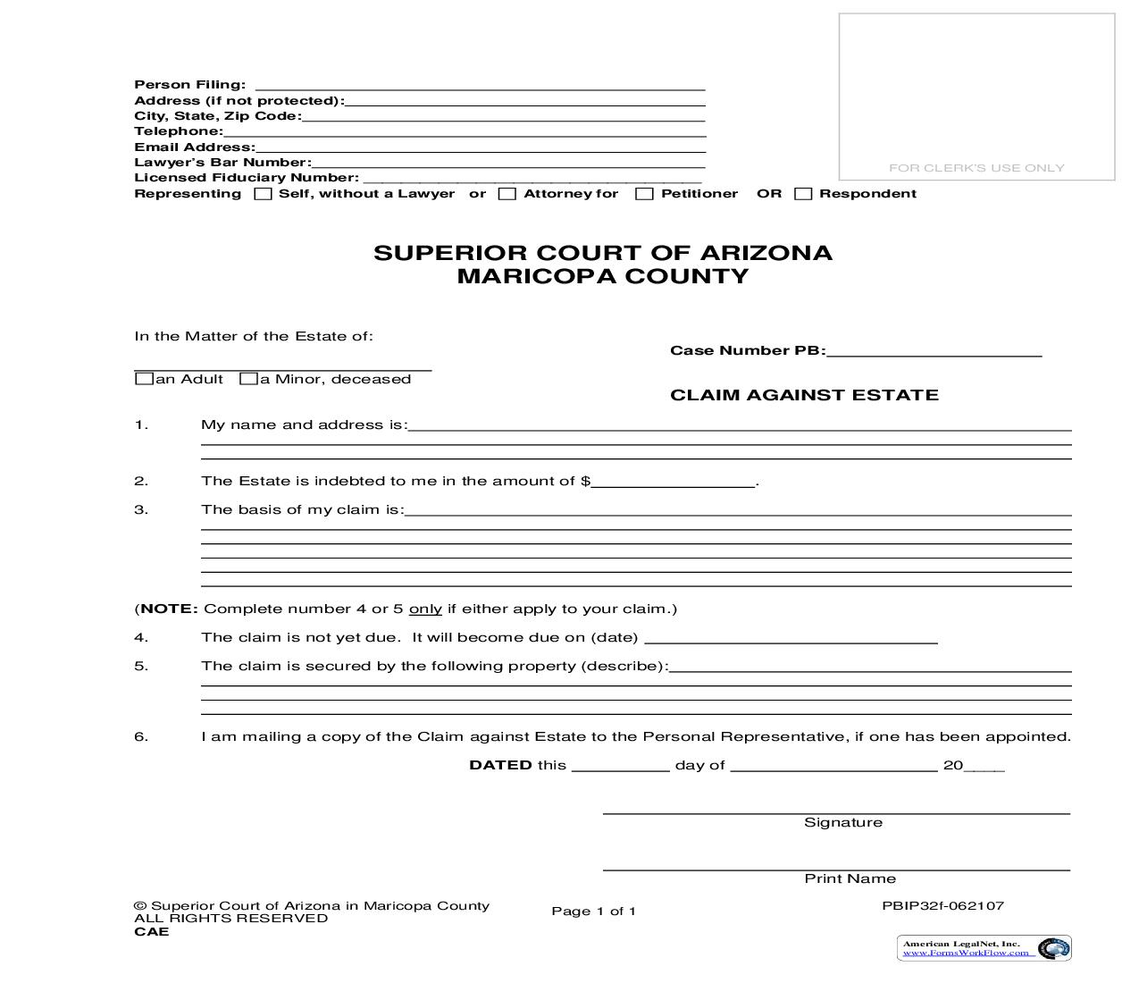 Claim Against Estate {PBIP32f} | Pdf Fpdf Doc Docx | Arizona