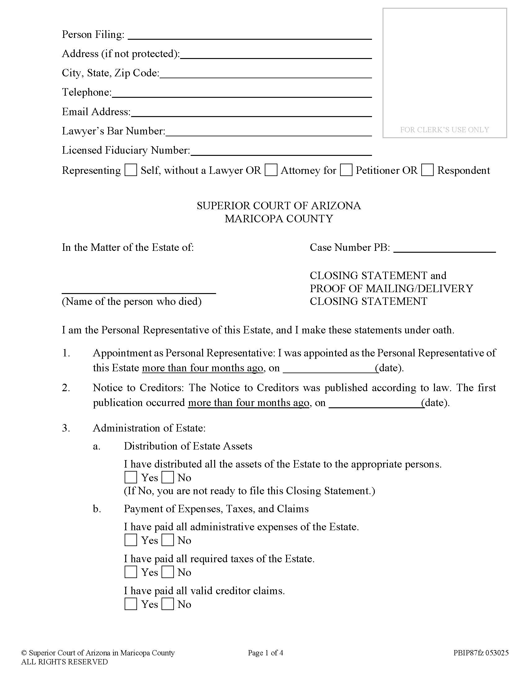 Closing Statement And Proof Of Mailing Or Delivery Closing Statement {PBIP87f} | Pdf Fpdf Doc Docx | Arizona