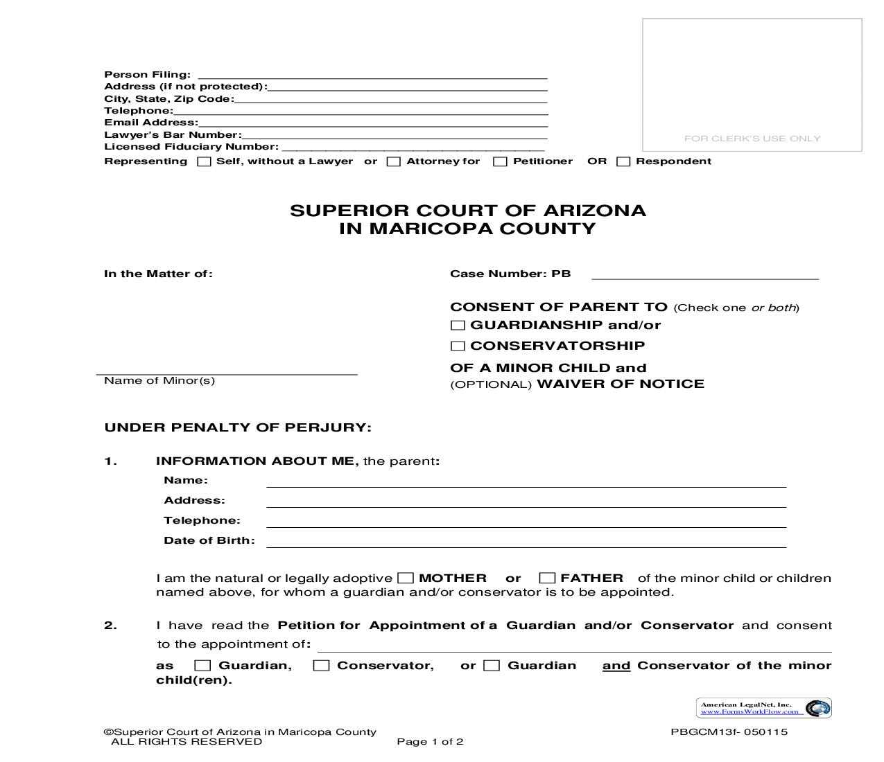 Consent Of Parent To Guardianship And Or Conservatorship Of Minor Child And Waiver of Notice {PBGCM13f} | Pdf Fpdf Doc Docx | Arizona