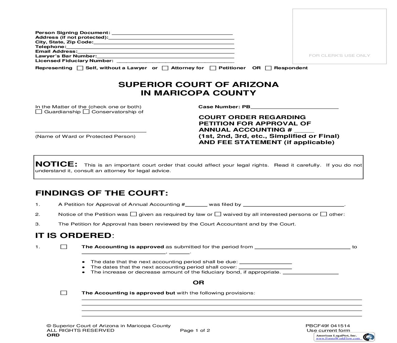 Court Order Regarding Petition For Approval Of Annual Accounting And Fee Statement {PBCF49f} | Pdf Fpdf Doc Docx | Arizona