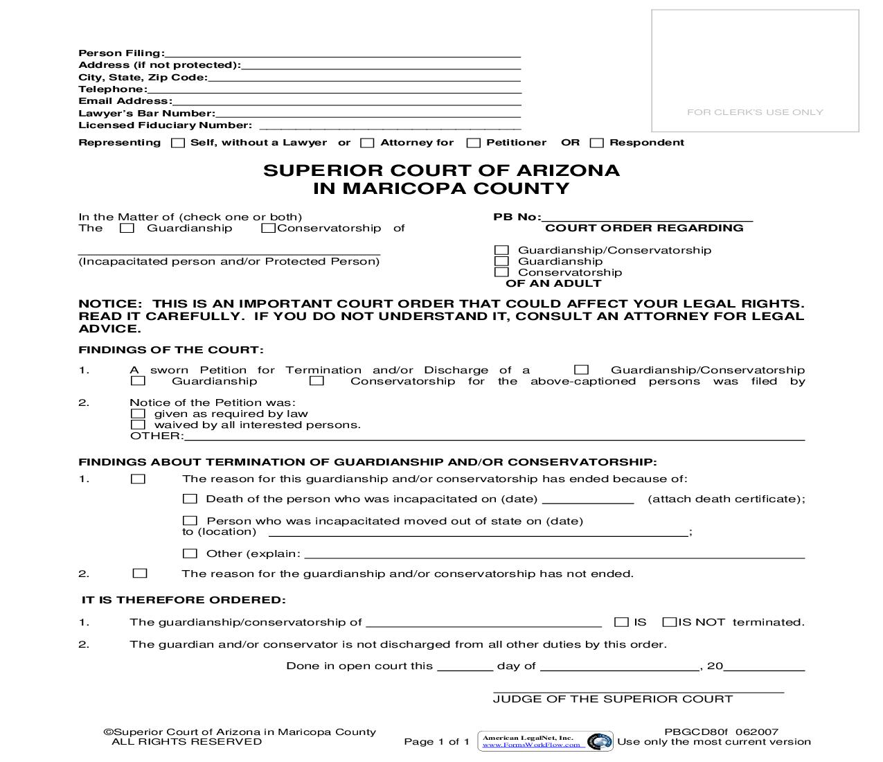 Court Order Regarding Termination Of Guardianship And Or Conservatorship Of Adult {PBGCD80f} | Pdf Fpdf Doc Docx | Arizona