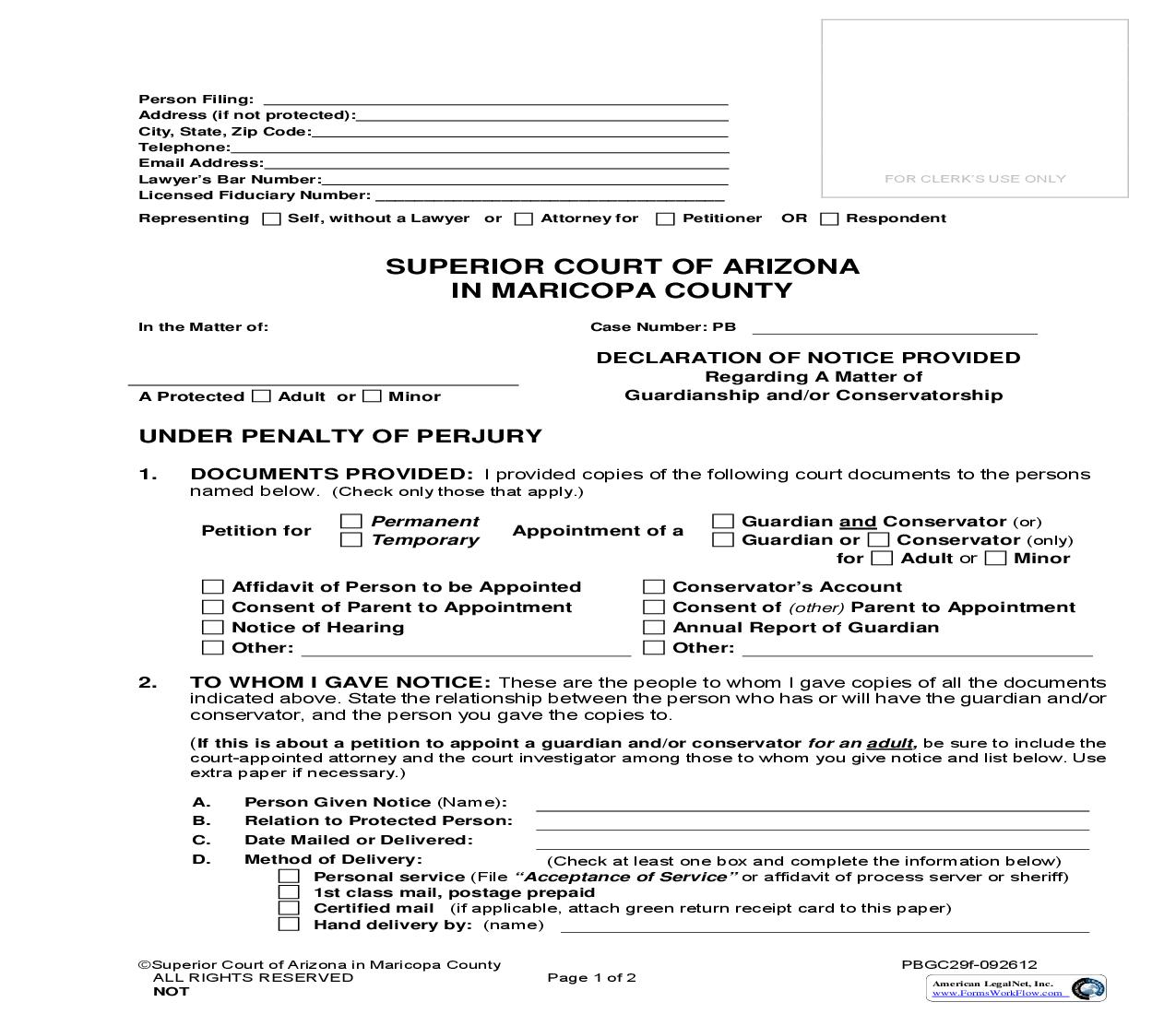 Declaration Of Notice Provided Regarding A Matter Of Guardianship And Or Conservatorship {PBGC29f} | Pdf Fpdf Doc Docx | Arizona