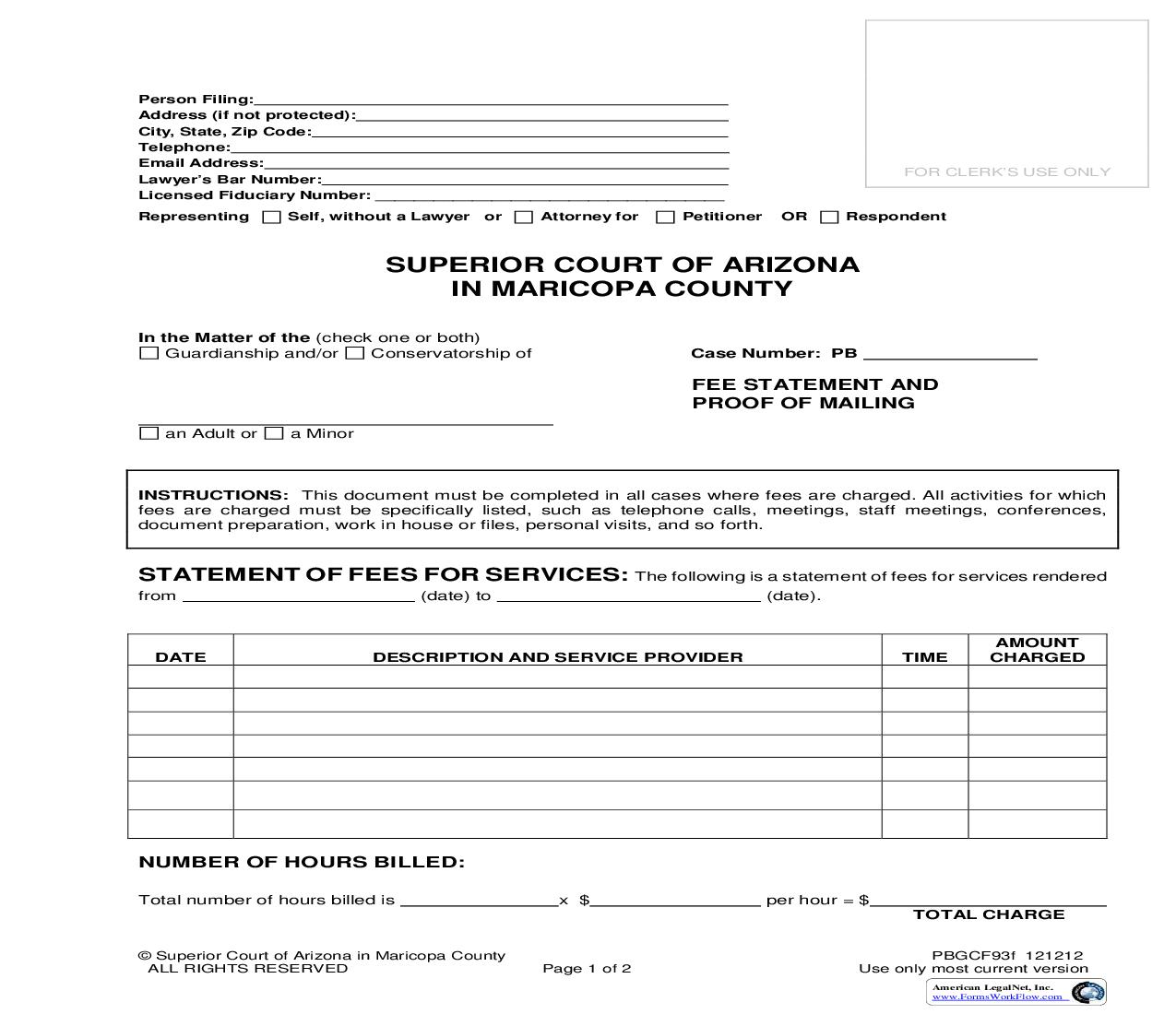Fee Statement And Proof Of Mailing {PBGCF93f} | Pdf Fpdf Doc Docx | Arizona