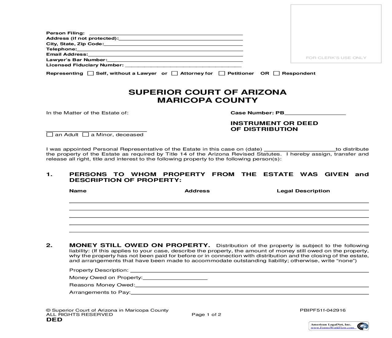 Instrument Or Deed Of Distribution {PBIPF51f} | Pdf Fpdf Doc Docx | Arizona