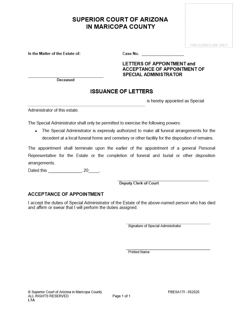 Letters Of Appointment And Acceptance Of Appointment Of Special Administrator {PBESA17f} | Pdf Fpdf Doc Docx | Arizona