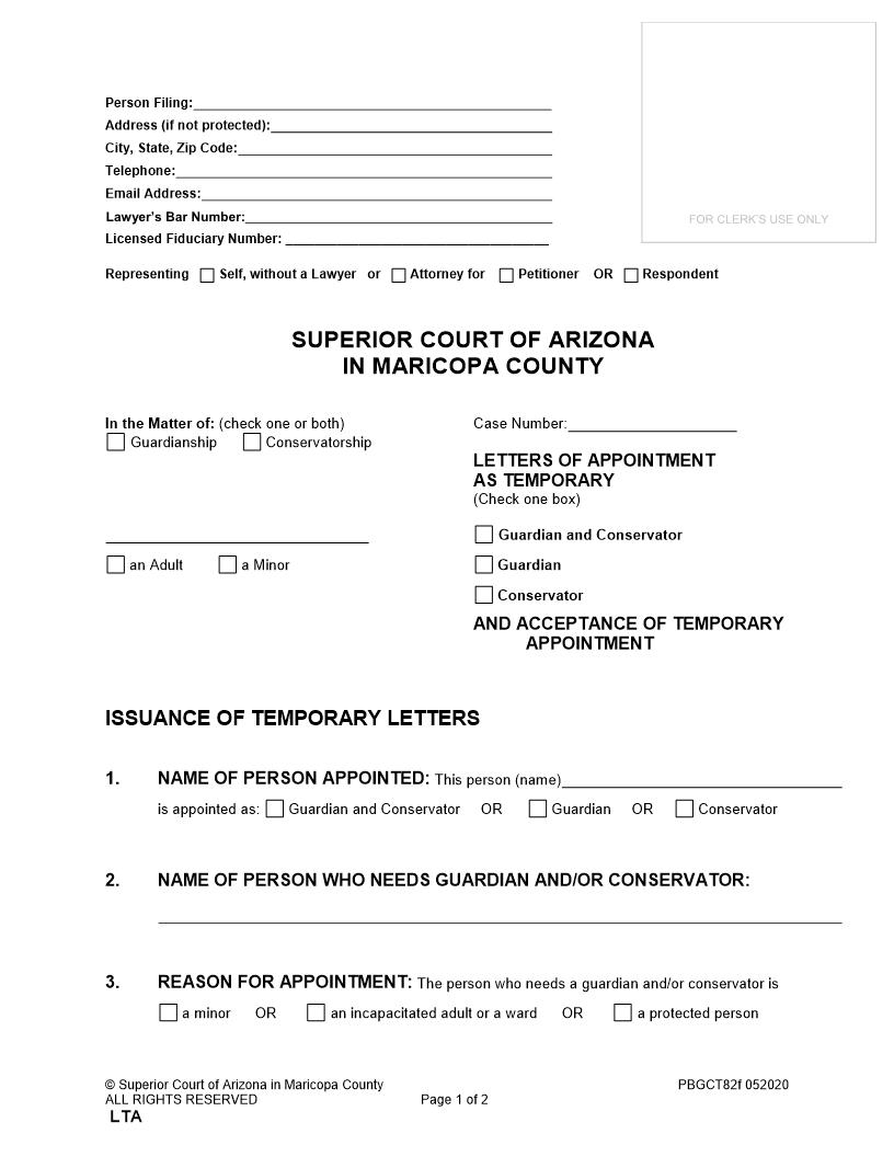 Letters Of Appointment As Temporary Guardian And Acceptance Of Temporary Appointment {PBGCT82f} | Pdf Fpdf Docx | Arizona