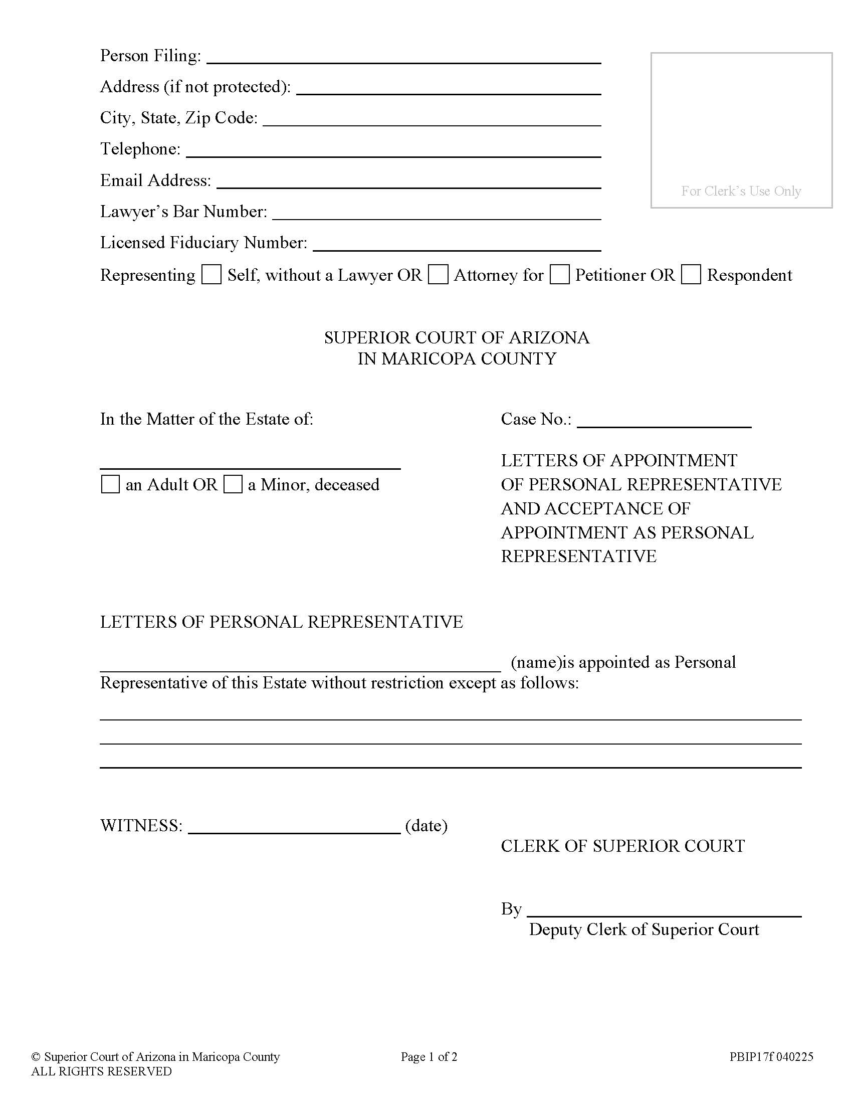 Letters Of Appointment Of Personal Representative {PBIP17f} | Pdf Fpdf Docx | Arizona