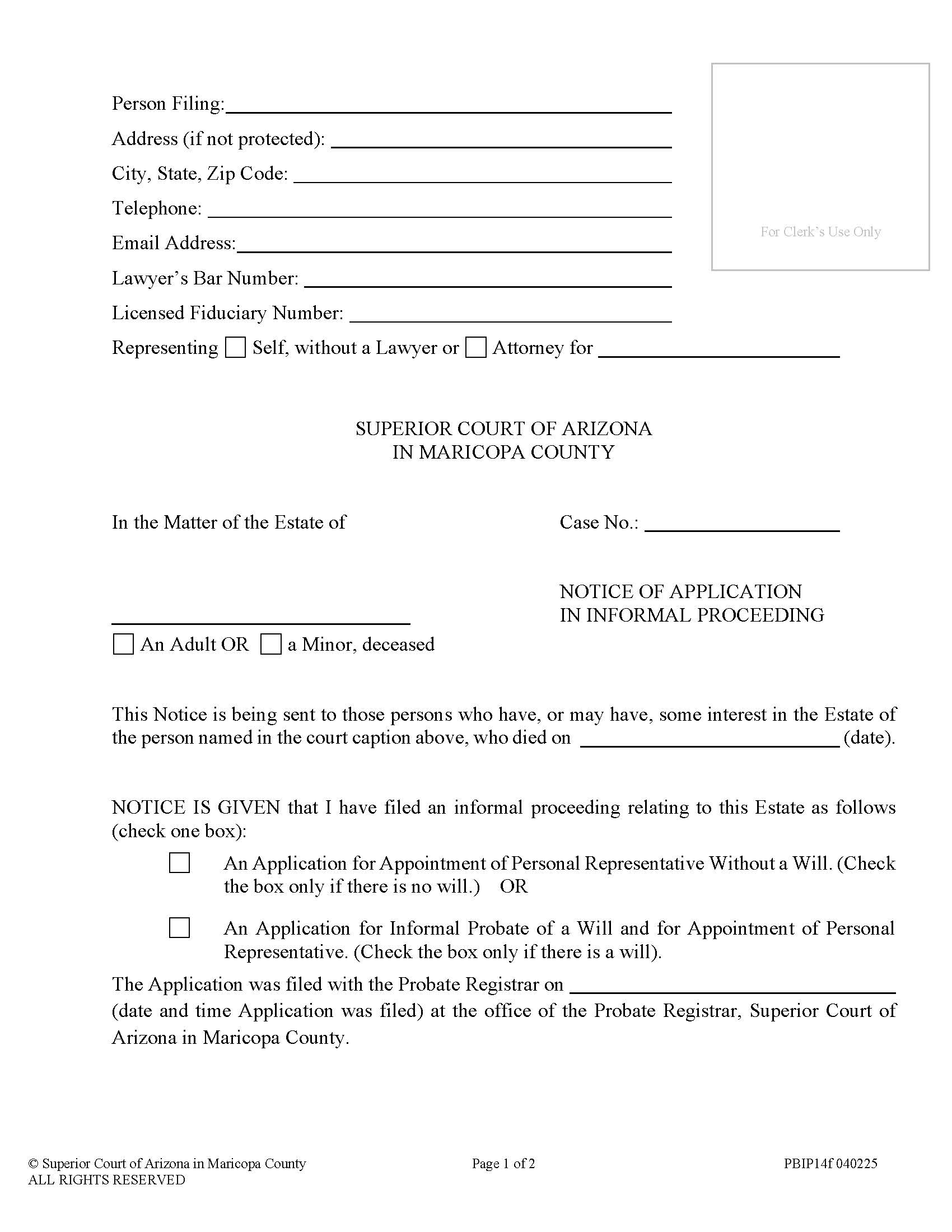 Notice Of Application In Informal Proceeding {PBIP14f} | Pdf Fpdf Doc Docx | Arizona