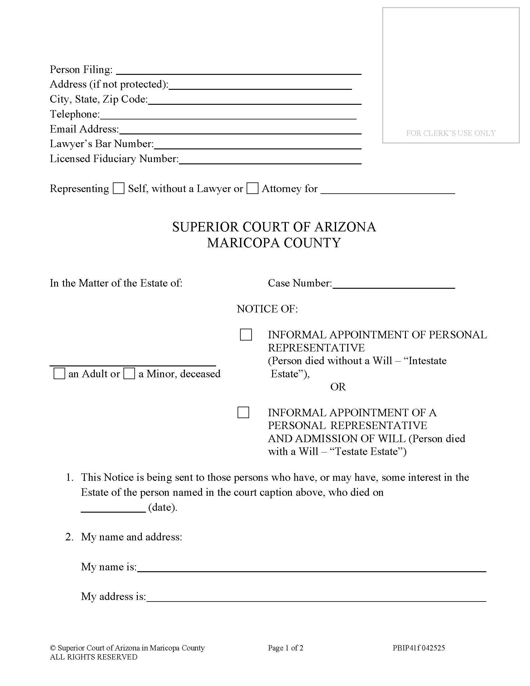 Notice Of Informal Appointment Of Personal Representative Or Informal Probate Of A Will {PBIP41f} | Pdf Fpdf Doc Docx | Arizona
