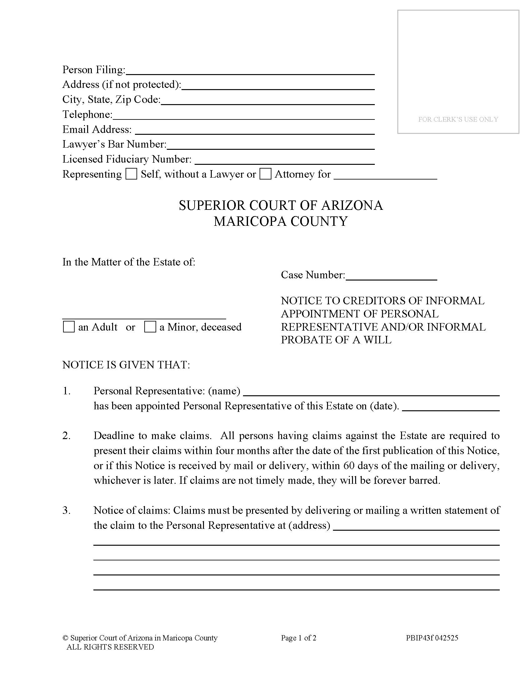 Notice To Creditors Of Informal Appointment Of Personal Representative And Or Informal Probate Of Will {PBIP43f} | Pdf Fpdf Doc Docx | Arizona