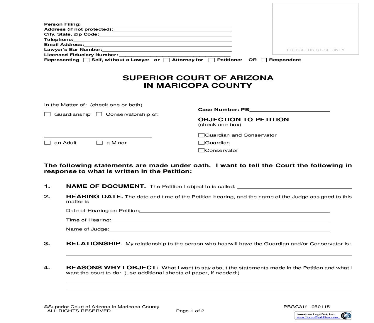 Objection To Petition For Guardian And Or Conservator {PBGC31f} | Pdf Fpdf Doc Docx | Arizona