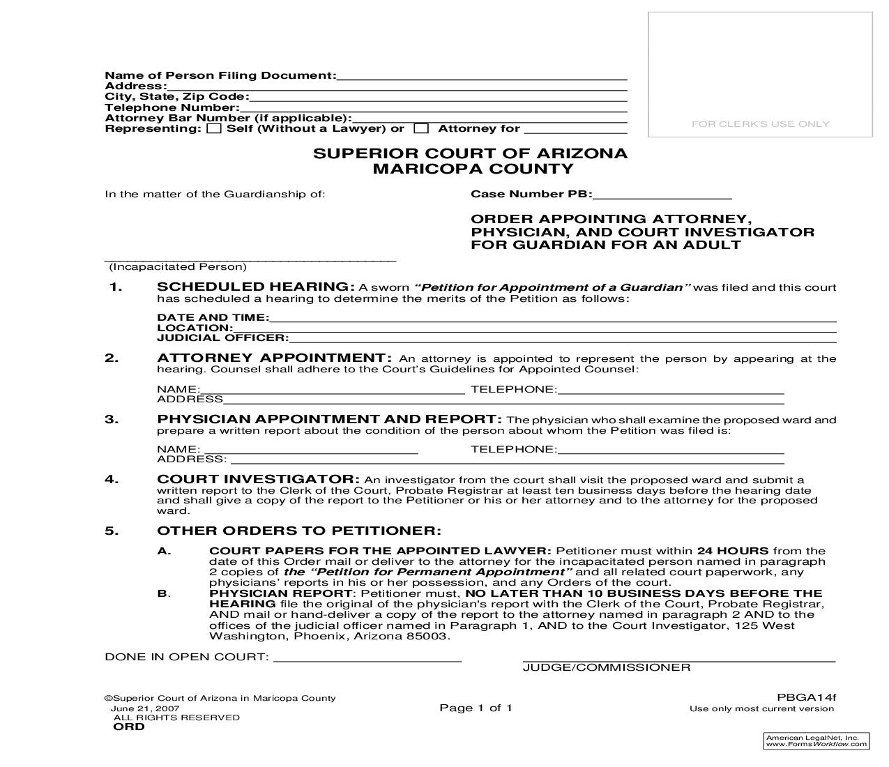 Order Appointing Attorney Physician And Court Investigator For Guardian For Adult {PBGA14f} | Pdf Fpdf Doc Docx | Arizona