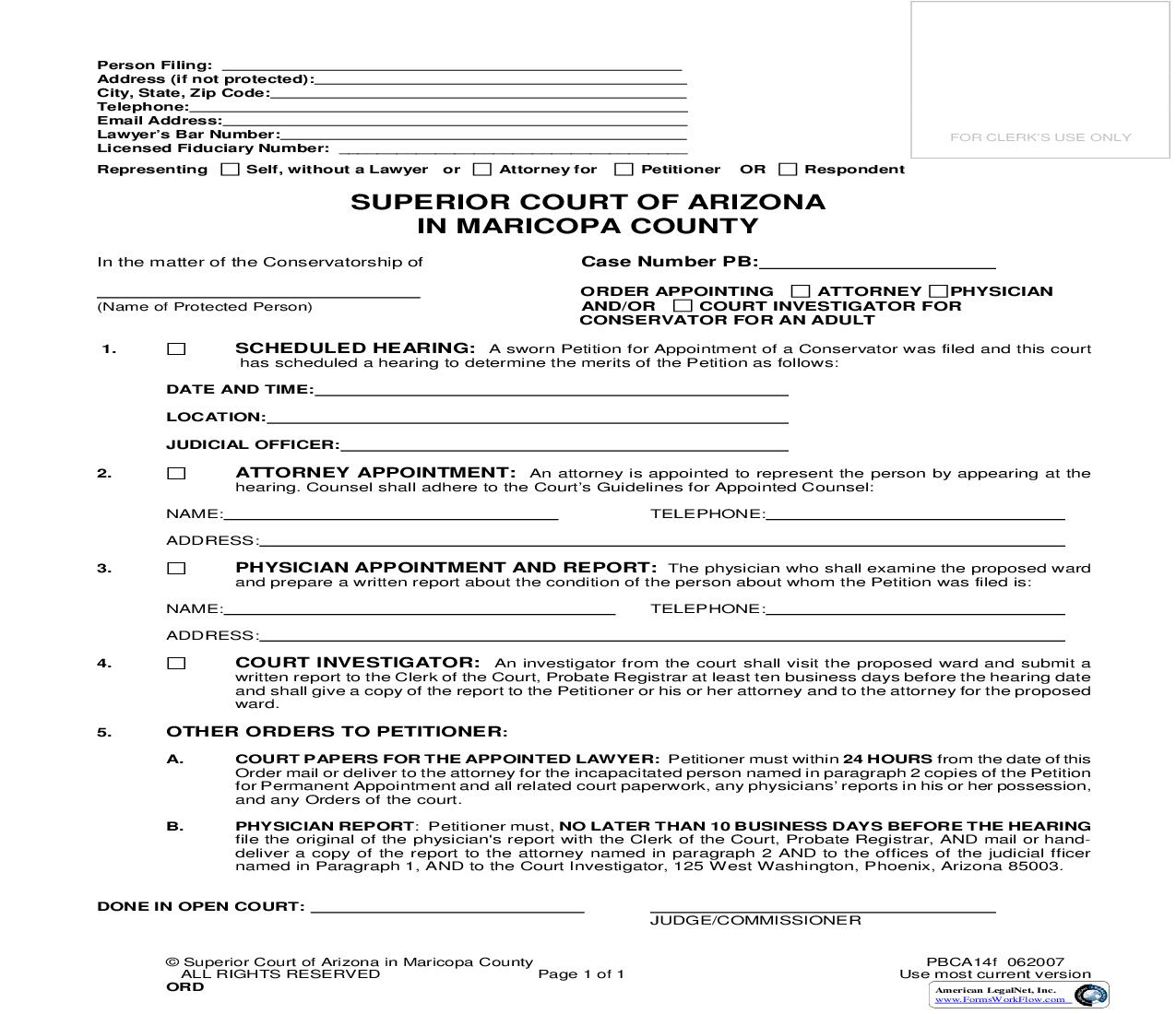 Order Appointing Attorney Physician And Or Court Investigator For Conservator For Adult {PBCA14f} | Pdf Fpdf Doc Docx | Arizona