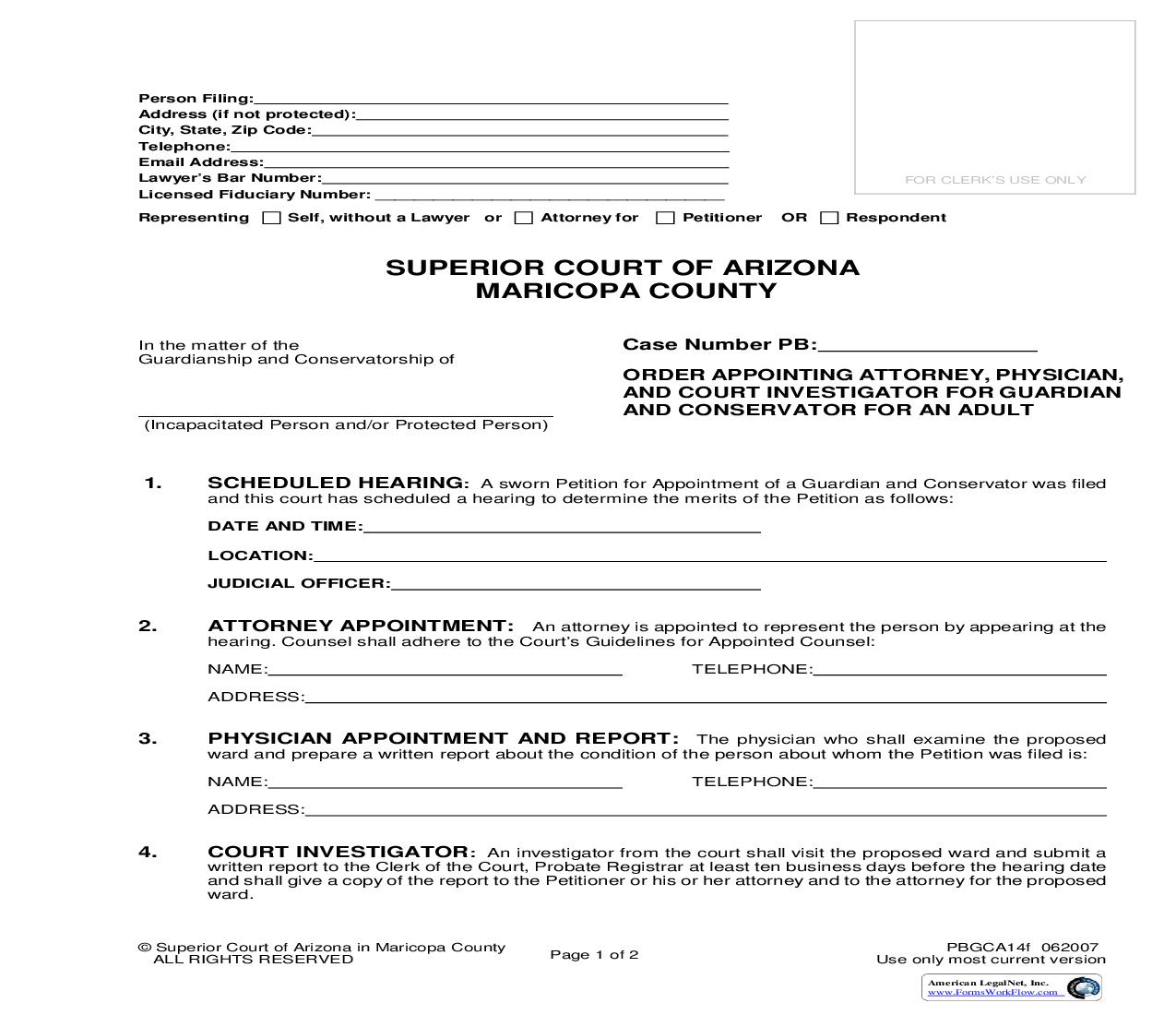 Order Appointing Attorney Physician and Court Investigator For Guardian And Conservator For Adult {PBGCA14f} | Pdf Fpdf Doc Docx | Arizona