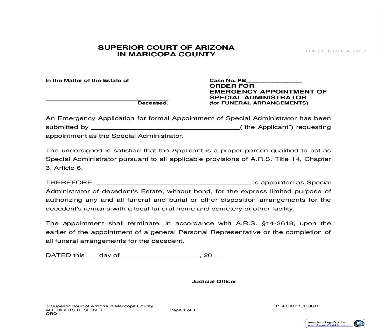 Order For Emergency Appointment Of Special Administrator {PBESA81f} | Pdf Fpdf Doc Docx | Arizona
