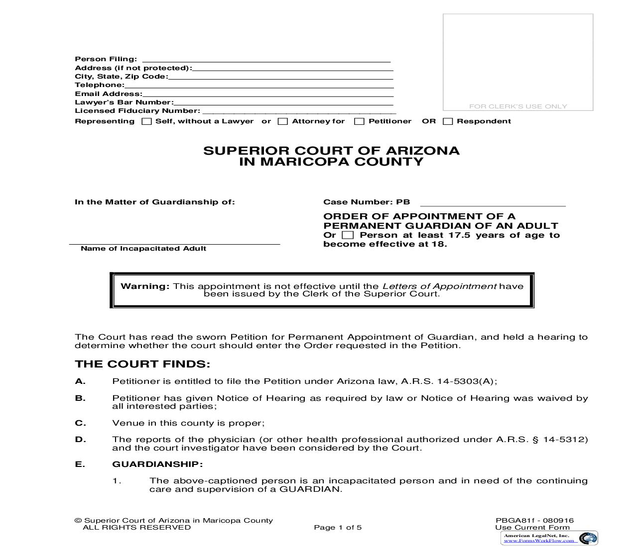 Order Of Appointment Of A Permanent Guardian Of An Adult {PBGA81f} | Pdf Fpdf Doc Docx | Arizona