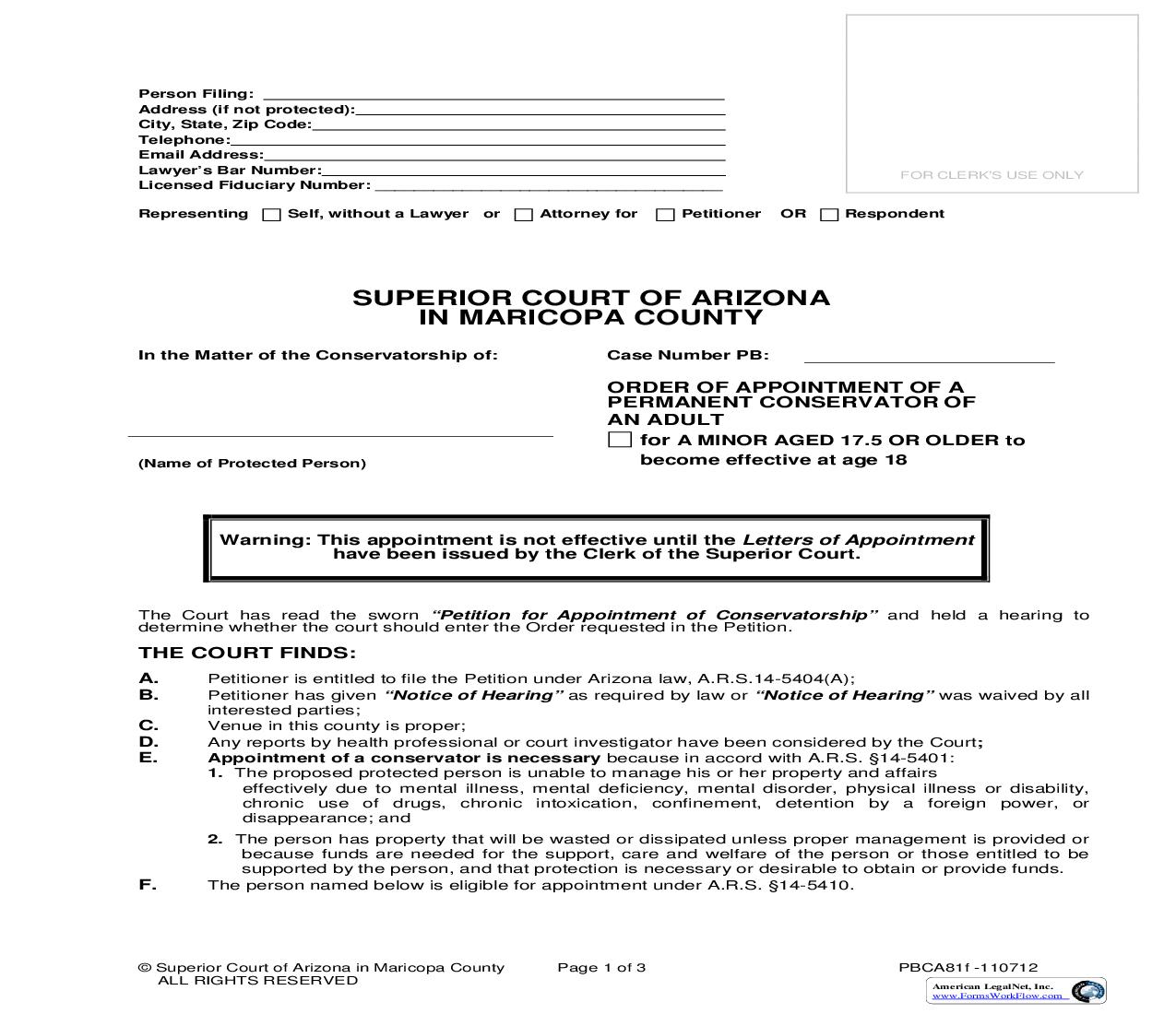 Order Of Appointment Of Permanent Conservator Of Adult {PBCA81f} | Pdf Fpdf Doc Docx | Arizona