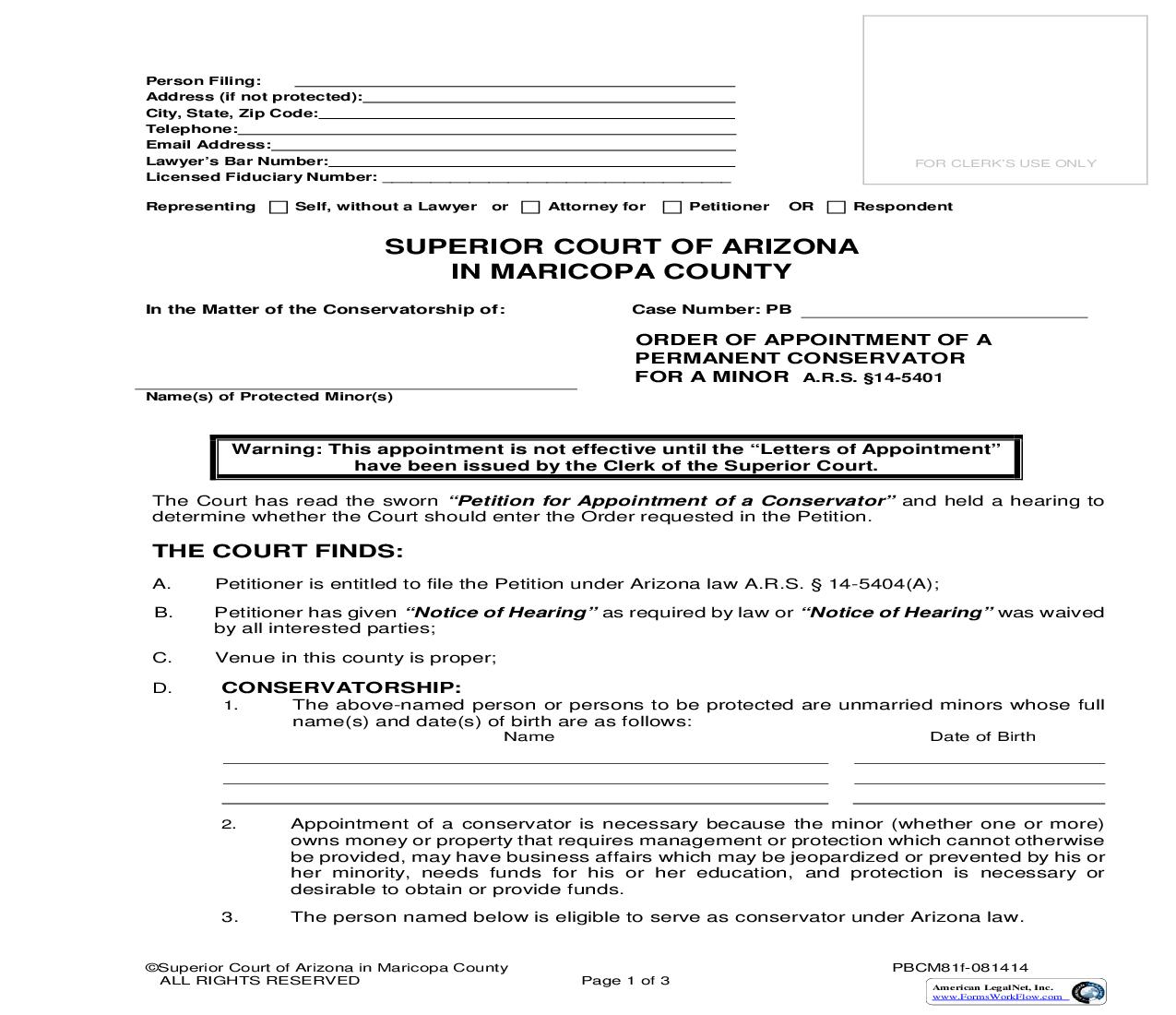 Order Of Appointment Of Permanent Conservator Of Minor {PBCM81f} | Pdf Fpdf Doc Docx | Arizona