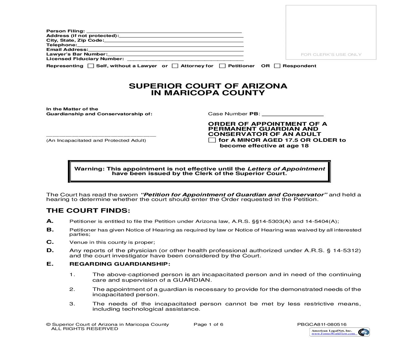 Order Of Appointment Of Permanent Guardian And Conservator Of Adult {PBGCA81f} | Pdf Fpdf Doc Docx | Arizona