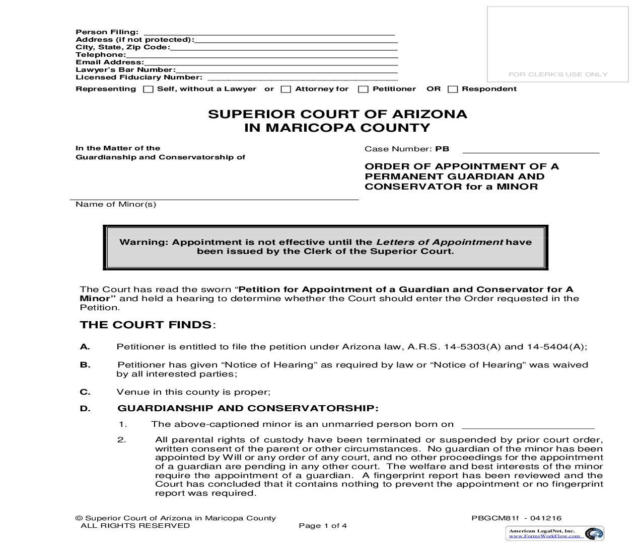 Order Of Appointment Of Permanent Guardian And Conservator Of Minor {PBGCM81f} | Pdf Fpdf Doc Docx | Arizona