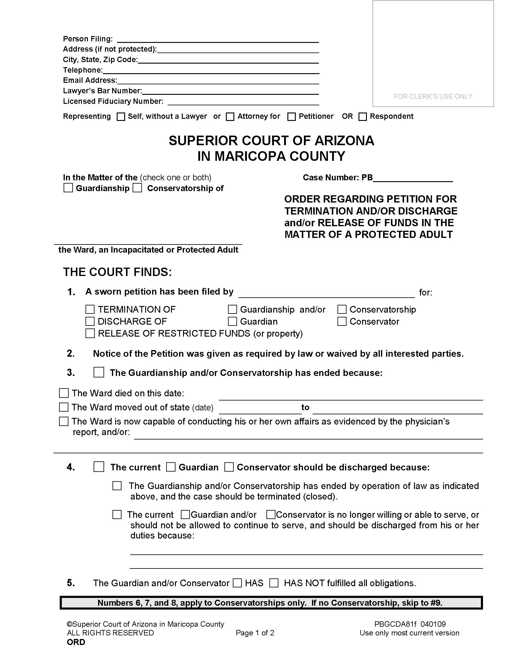 Order Regarding Petition For Termination Discharge Release Of Funds Of A Protected Adult {PBGCDA81f} | Pdf Fpdf Doc Docx | Arizona