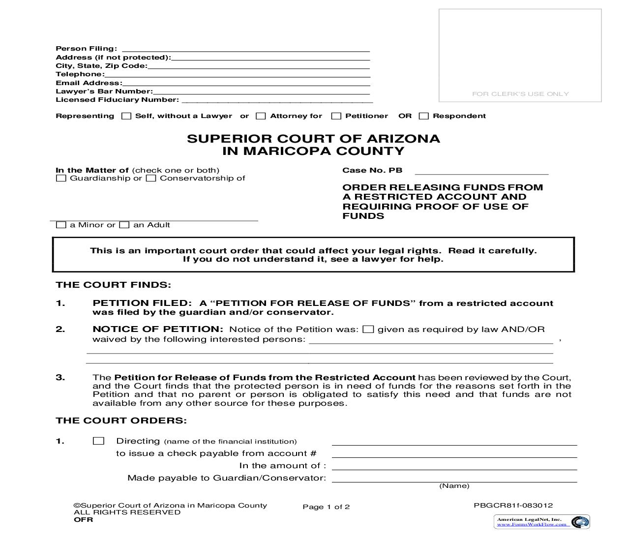 Order Releasing Funds From Restricted Account And Requiring Proof Of Use Of Funds {PBGCR81f} | Pdf Fpdf Doc Docx | Arizona