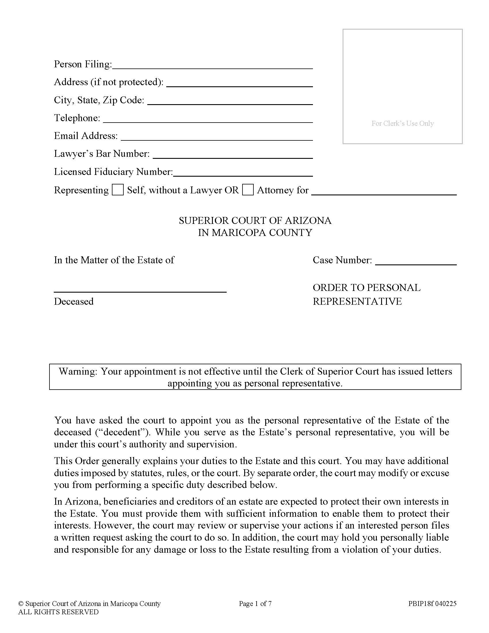 Order To Personal Representative {PBIP18f} | Pdf Fpdf Doc Docx | Arizona