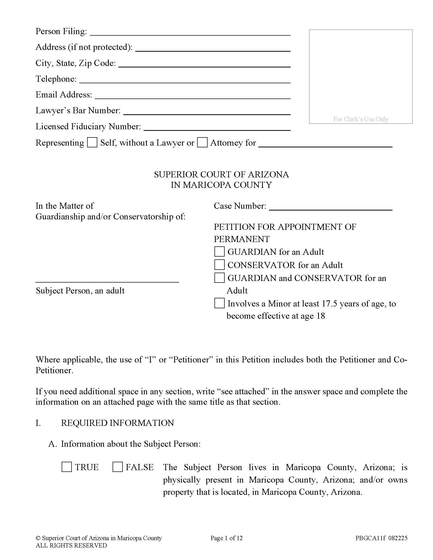 Petition For Permanent Appointment Of Guardian And Conservator Of Adult {PBGCA11f} | Pdf Fpdf Doc Docx | Arizona