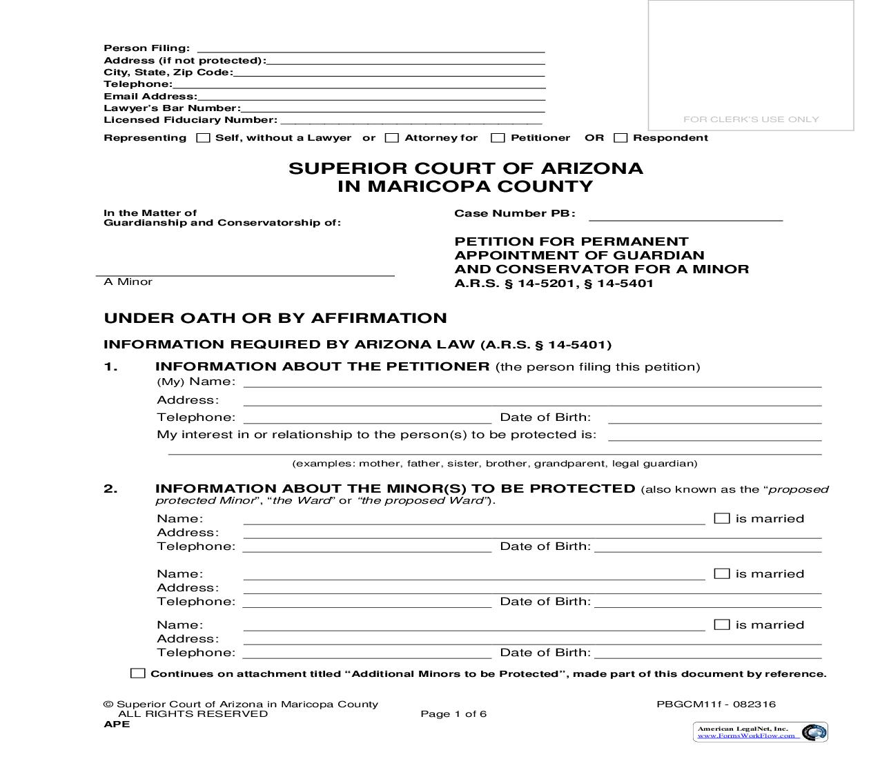 Petition For Permanent Appointment Of Guardian And Conservator Of Minor {PBGCM11f} | Pdf Fpdf Doc Docx | Arizona
