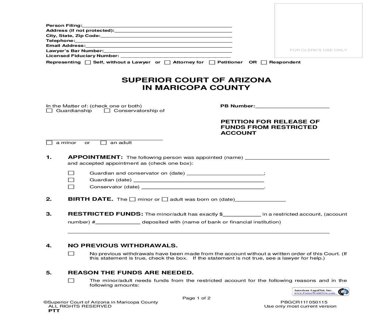 Petition For Release Of Funds From Restricted Account {PBGCR11f} | Pdf Fpdf Doc Docx | Arizona