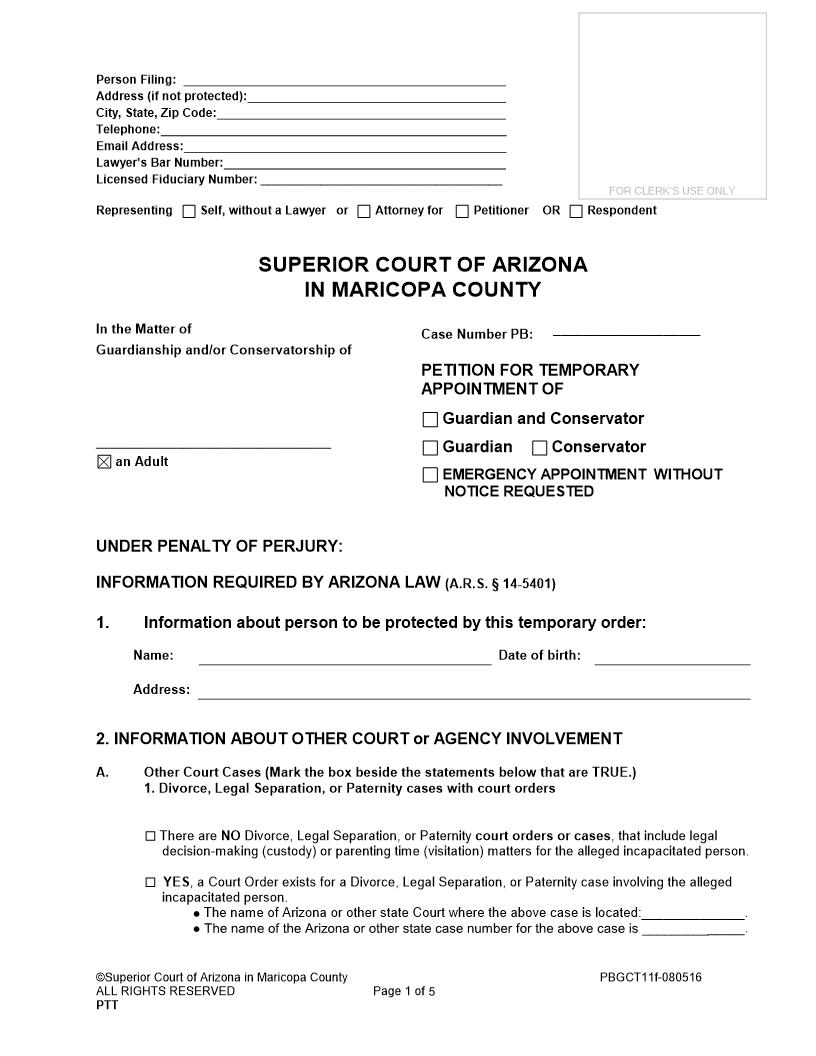 Petition For Temporary Appointment Of Guardian And Or Conservator {PBGCT11f} | Pdf Fpdf Doc Docx | Arizona
