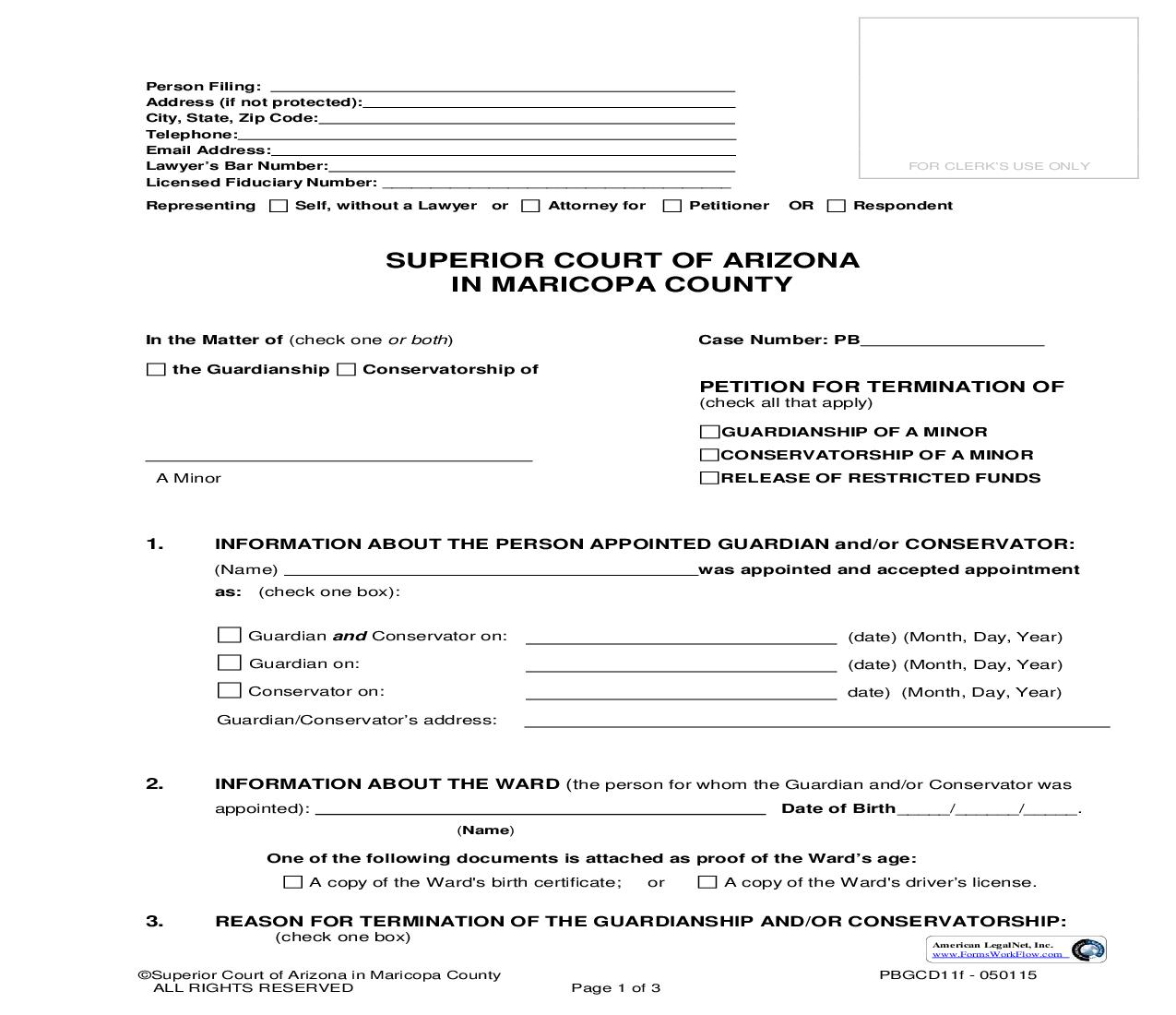 Petition For Termination Of Guardianship And Or Conservatorship Of Minor And Or Release Of Restricted Funds {PBGCD11f} | Pdf Fpdf Doc Docx | Arizona